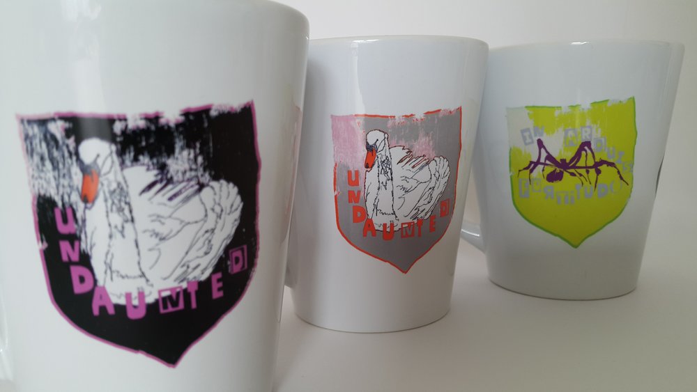 Mugs inspired by the slogans and heraldry of the Suffragettes' banners (available to purchase directly via  the nearlybutnotquite etsy store ) along with A6 cards and a zine which explores them.  Other work is available via  Redbubble .